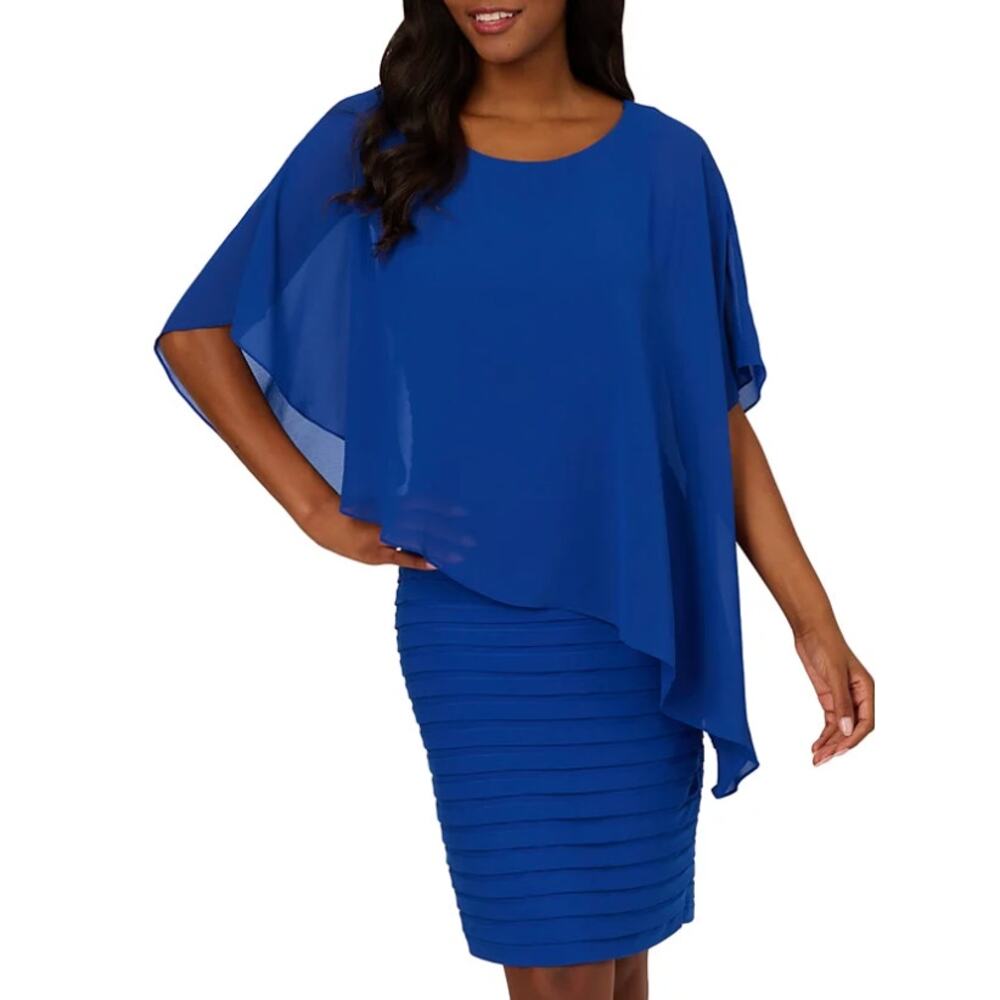 Adrianna Papell Chiffon-Cape Sheath Dress | Sz 4, Violet Cobalt Blue NEW